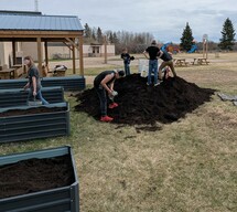Students hauling dirt to planters